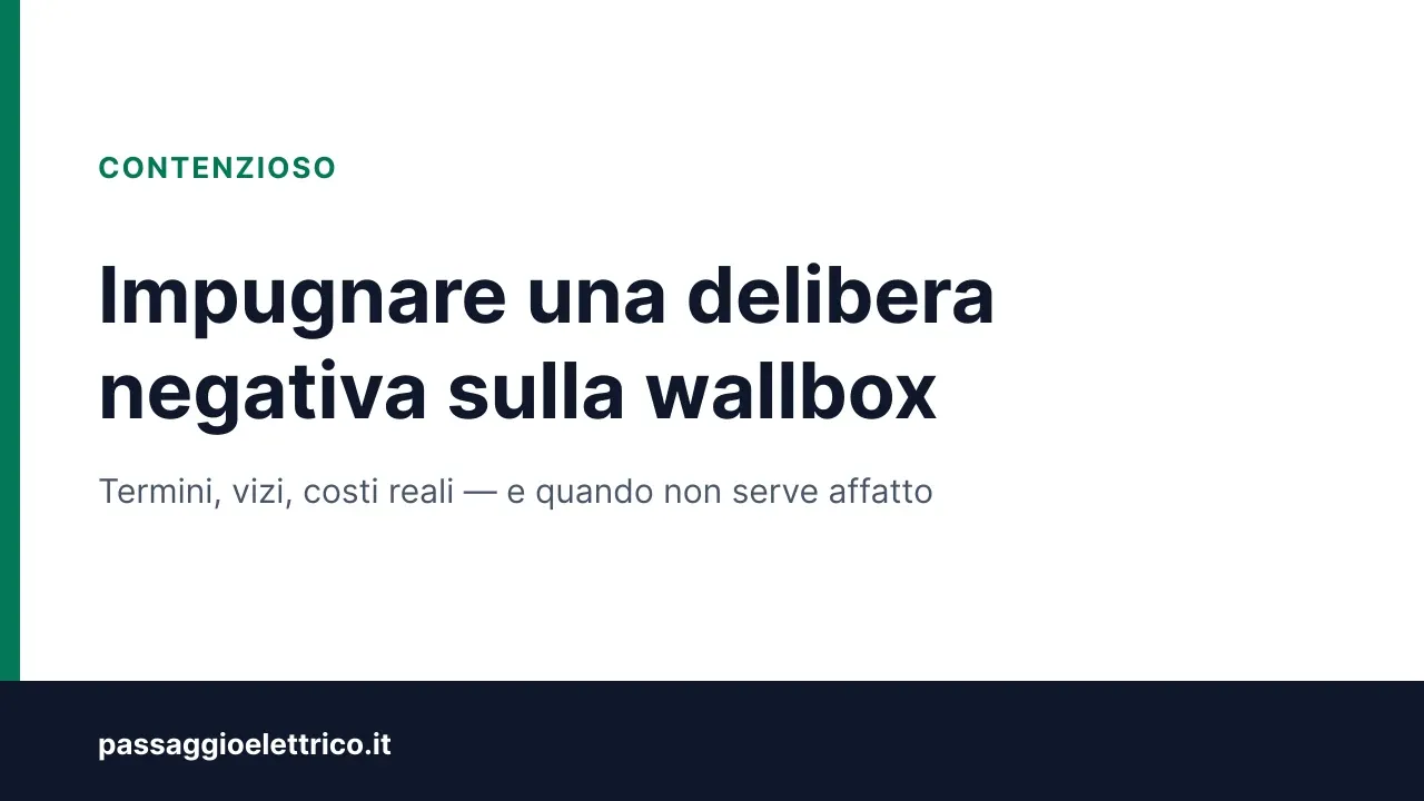Copertina: «Impugnare una delibera negativa sulla wallbox», con richiamo a termini, vizi e costi reali