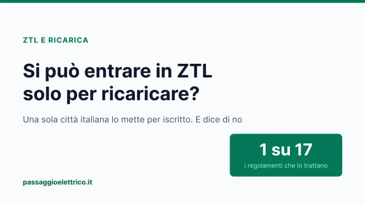 Copertina: «Si può entrare in ZTL solo per ricaricare?», con il dato in evidenza: uno su diciassette è il numero di regolamenti comunali che affrontano la questione